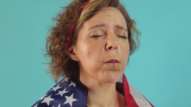 Forty Year Old Pin Woman Eats Blue Background Portrait Adult — Stok video