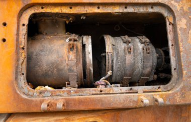 View of a rusty metal military vehicle. The insides of rusty military equipment. Burnt military equipment