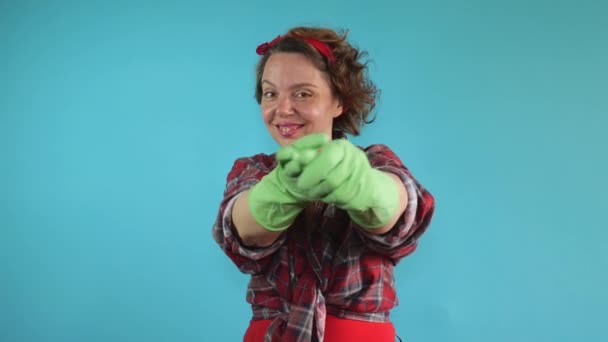 Pin Cleaning Woman Plaid Shirt Removes Green Gloves Her Hands — Stock video