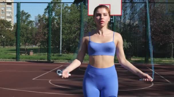 Athletic Young Woman Jumping Rope Basketball Court Woman Sports City — Stockvideo