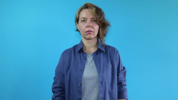 Forty Year Old Woman Shirt Covers Her Mouth Masking Tape — Stok video