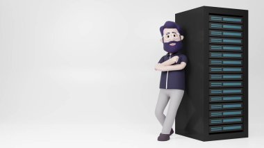 Sunucu ve Dizüstü bilgisayarını sunan 3D Karakter Adamı