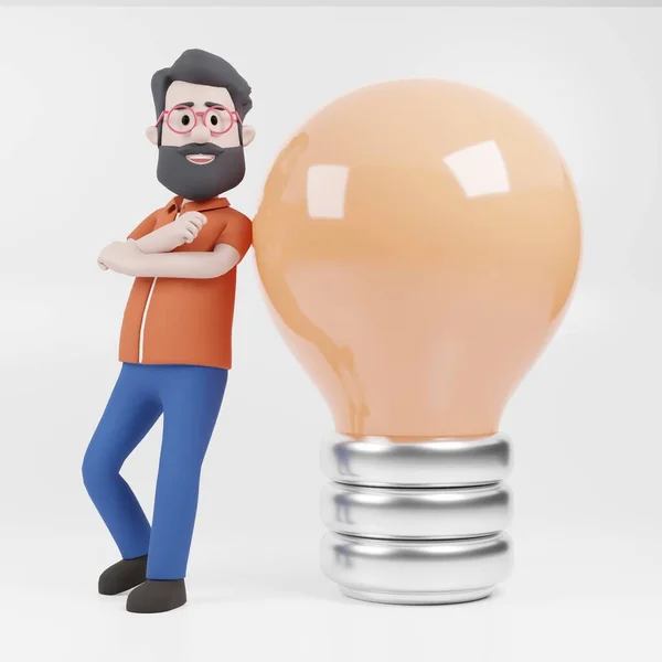 Character Man Leaning Light Bulb — 图库照片