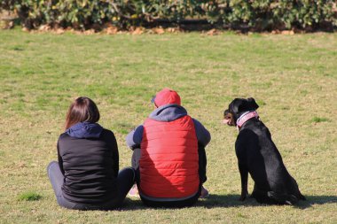 Köpekleri yanlarında oturan çift.