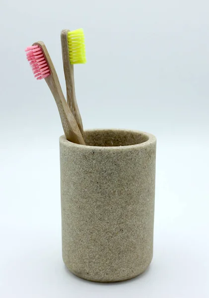 Bamboo Toothbrushes Stone Glass — Stock Photo, Image