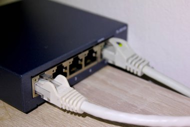 Bir sinyal çoğaltıcısına bağlı internet kabloları.