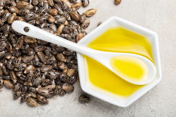 Castor Oil Seeds Spoon White Bowl Top View Image — стоковое фото