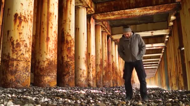 한 젊은이가 만발 한 채 다리 밑 해변에 서 있다 — 비디오
