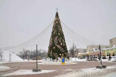 Dmitrov, Russia - January 13, 2022: Christmas tree on Sovetskaya Square
