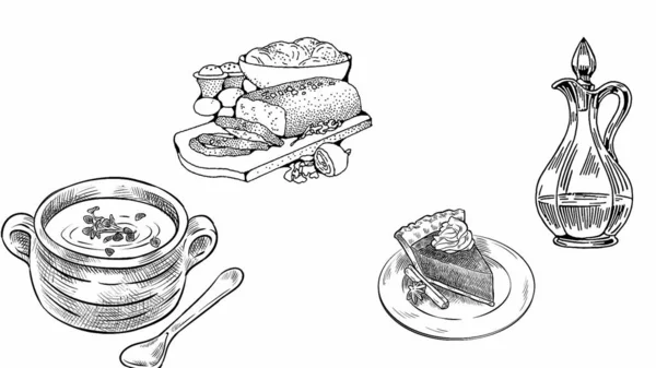 Breakfast Black Drawing White Background Black White Picture Set Table — Stock Photo, Image