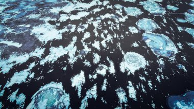 Kışın donmuş gölün manzarası yükselir.