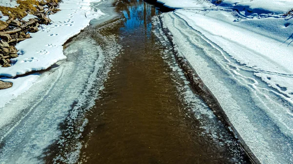 A small stream with ice and snow melting creating moving water