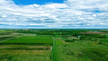 Ufukta yeşil çimenler ve ağaçlar var. Bulutlar manzarayı silip süpürüyor. Wisconsin 'de bahar manzarası