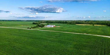 A summer view of a rural road with country farm and forest border in wisconsin