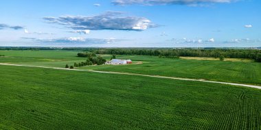 A summer view of a rural road with country farm and forest border in wisconsin
