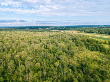 Far off a new highway is being built in centrla wisconsin during the summer.