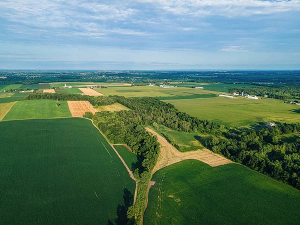 A view of rural wisconsin landscape with farms and fields. Trees surround the area with a blue sky above.