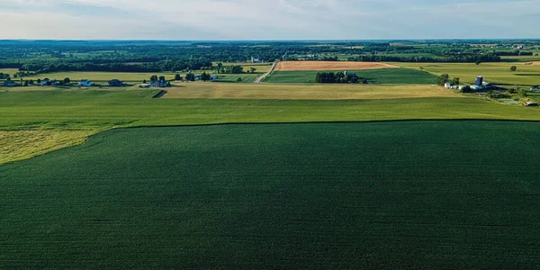 A view of rural wisconsin landscape with farms and fields. Trees surround the area with a blue sky above.