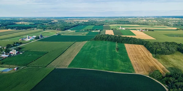 A view of rural wisconsin landscape with farms and fields. Trees surround the area with a blue sky above.