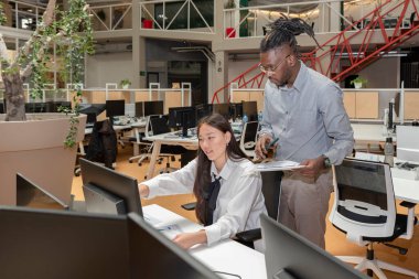 İki çok ırklı iş arkadaşı bir masada birlikte çalışıyor ve bilgisayar ekranına ve evraklara bakıyor..