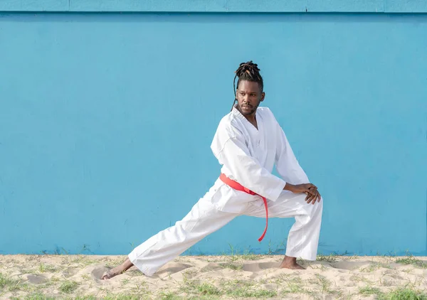 Ung Afrikansk Amerikansk Man Utbildning Taekwondo Utomhus Blå Bakgrund — Stockfoto