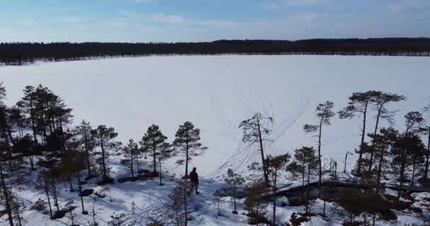 Чоловік виходить з лісу до замерзлого озера. Перехід через заморожене озеро . — стокове відео
