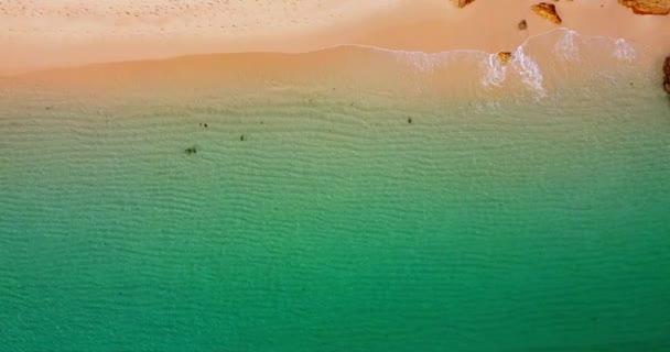 Luchtdrone van boven naar beneden beelden van golven die langzaam breken op het strand. Drone komt dichter bij het strand. Dichtbij het kristalheldere water. Gouden zandstrand, tropisch eiland. — Stockvideo