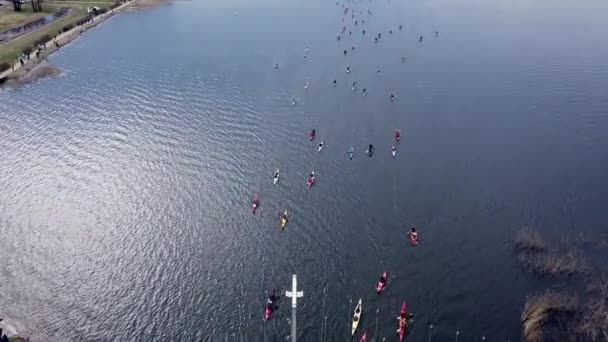Birds eye view of people standing on a bridge and encouraging canoers — ストック動画