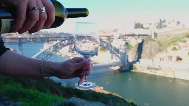 Slow motion of unrecognizable hand pouring red wine on a glass. Sunset — Vídeo de Stock