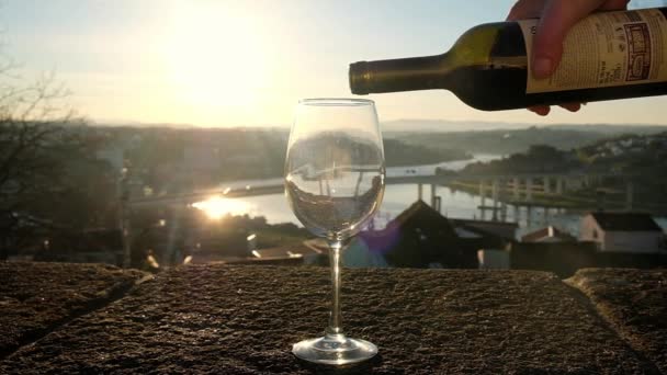 Pouring red wine from a bottle into the glass. Sunset mountains on background — Vídeo de Stock