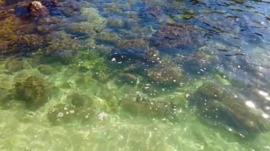 Yavaş çekimde şeffaf su sorunsuzca hareket ediyor. Güneş parıldıyor