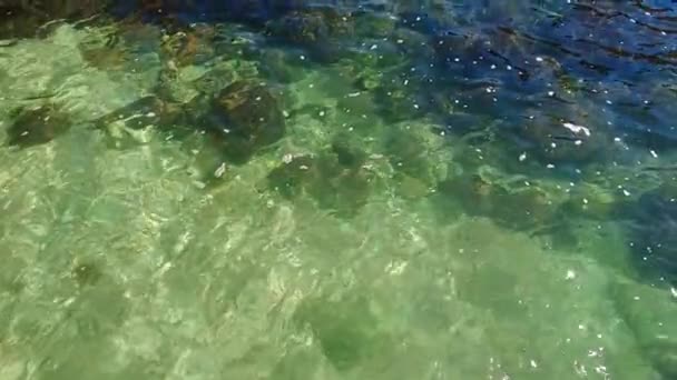 Eau transparente se déplaçant au ralenti. En regardant avec la caméra. Bel océan bleu et falaises calcaires jaunes. — Video