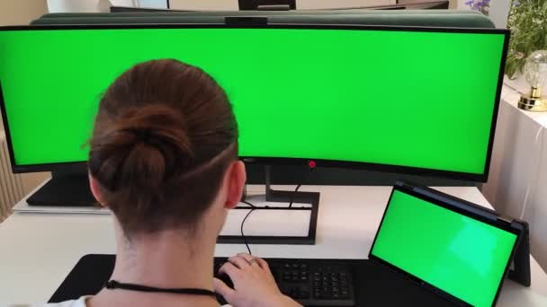 Tampilan belakang pria bisnis yang bekerja pada komputer, mengetik pada papan ketik, layar hijau — Stok Video