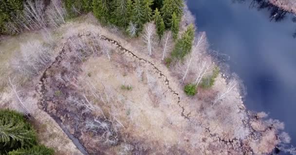 本土と水のテクスチャのトップダウンビデオ カメラで傾き 美しい春の風景を見下ろす 湖を飛び越える そうだ 高品質のフルHd映像 — ストック動画