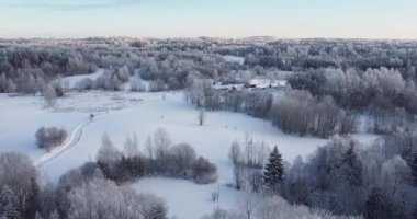 Flying over magical wintry forest. Little village in the background. Frozen snowy spruce forest. Little road going to the village. After heavy snowfall. Winter landscape aerial shot. .
