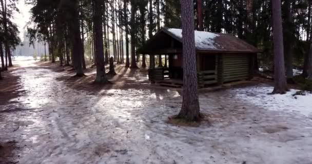 Flying Forest Overlooking Log Cabin Covered Snow Sun Shining Trees — Stockvideo