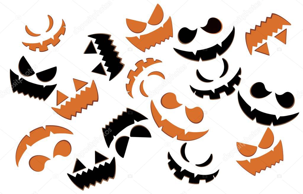Set of pumpkin faces. Different face expressions. Halloween seamless pattern Vector illustration. Pumpkin devil and funny faces. Silhouette wallpaper background vector. . Vector illustration