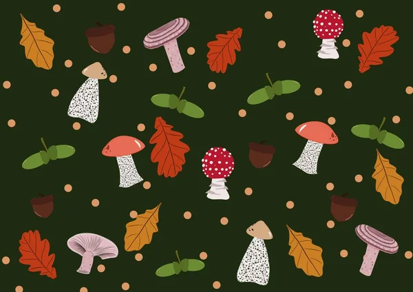 Yeşil desenli yapraklı, mantarlı ve palamutlu kusursuz desen. Renkli sonbahar, yaprakları ve mantarları olan kusursuz bir desen. Hediye kağıdı, duvar kağıdı, web sayfası arkaplanı