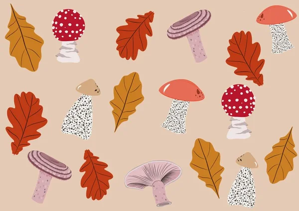 Seamless pattern with leaves, mushrooms on a peach beige pattern design. Colorful autumn natural seamless pattern with fall leaves and mushrooms. Gifting paper, wallpaper, texture, web page background