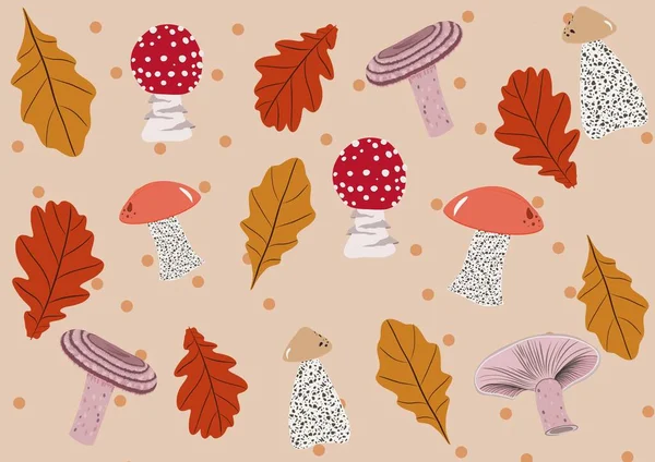 Şeftali bej desenli yapraklı, mantarlı ve turuncu noktalı kusursuz desen. Renkli sonbahar, yaprakları ve mantarları olan kusursuz bir desen. Hediye kağıdı, duvar kağıdı, doku.