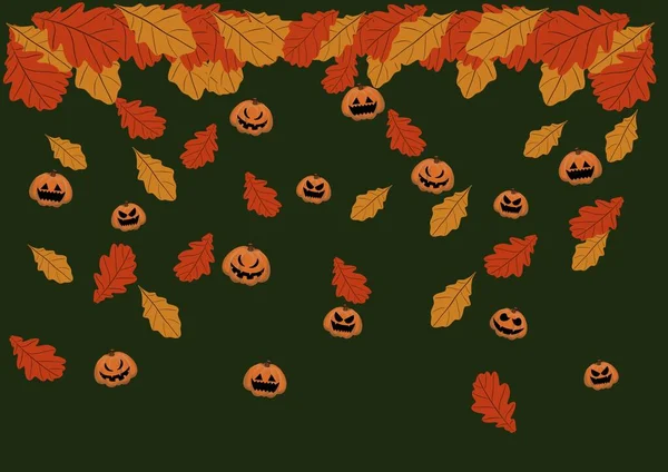 ハロウィンのカボチャと秋の葉が落ちるシームレスなパターン 秋に黄金色 赤とオレンジ色の葉 怖いカボチャの手を描いた ギフトラップのための秋の葉 ストック写真