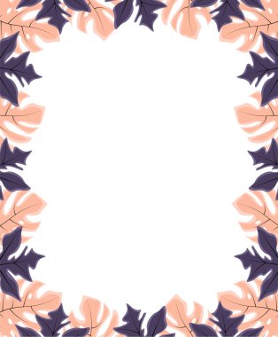 Yaprağın kare çerçevesi. Egzotik yapraklar ve bitkiler, beyaz arka planda bir meydanda bir kompozisyonda toplanmış. Doğal çiçek şablonu. Mesajın için kartpostal. Tasarımınız için vektör tebrik kartı