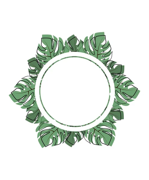 Round frame of leaf. Exotic leaves and plants, collected in a composition in a circle on a white background. Natural floral template . Postcard for your text. Vector greeting card for your design — Stock Vector