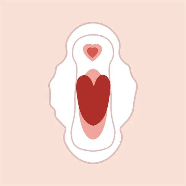 Higiene menstrual.Produtos de período feminino almofada higiênica com sangue menstrual na forma de coração. ilustração cuidado menstrual feminino. O período menstrual. Feminismo. Igualdade de género. Gráficos vetoriais — Vetor de Stock