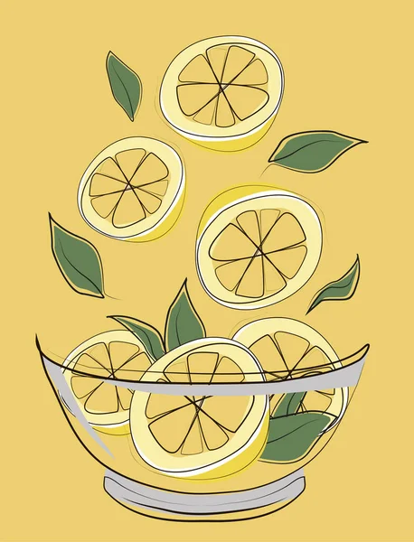 Limón fresco en un plato aislado sobre fondo amarillo. Concepto vegetariano. Ilustración vectorial. Estilo plano — Archivo Imágenes Vectoriales