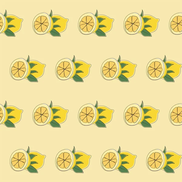 Sarı arka planda limonlu meyve deseni. Vektör çizimi. Kağıt, kapak, kumaş, iç dekorasyon ve diğer kullanıcılar için modern egzotik tasarım. Tekstil ve Kumaş için Egzotik Uyum — Stok Vektör