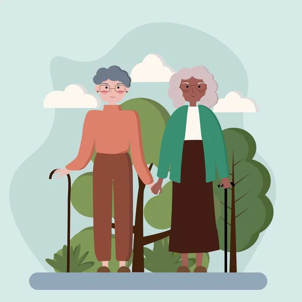 Couple de mamies multiraciales heureuses marchant en se tenant la main — Image vectorielle