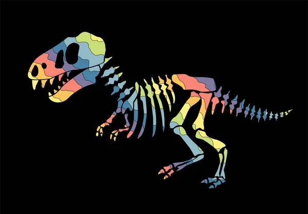 Esqueleto de dinosaurio. Diseño original con dinosaurio arco iris. Impresión para camisetas, textiles, papeles de embalaje, telarañas. Ilustración vectorial dibujada — Vector de stock