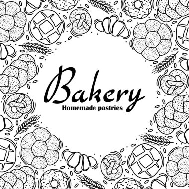 Fırın ya da kafe için modaya uygun vektör tasarımı. Ekmek, ekmek, baget ve ambalaj, etiket ya da imza için diğer hamur işleri. Afiş, el ilanı ya da menüler için yiyecek çizelgesi..