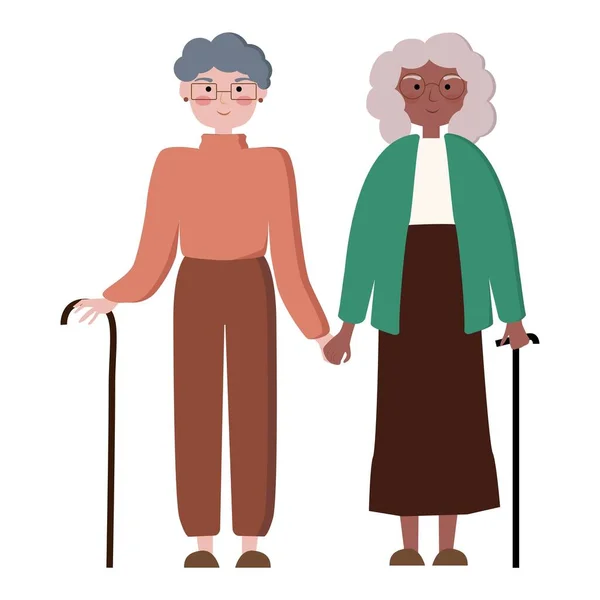 Pár šťastných mnohonásobných babiček, jak se drží za ruce — Stockový vektor